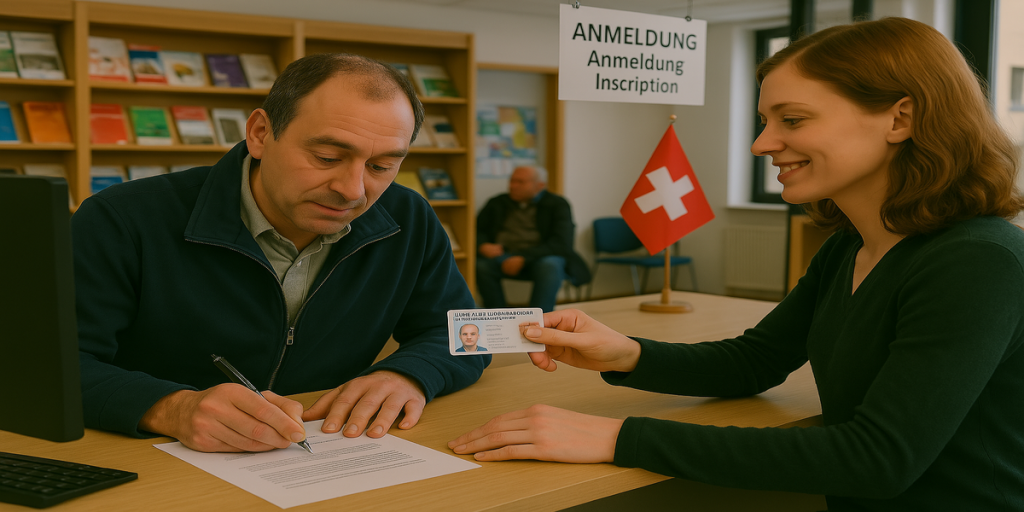 Dos personas reunidas en una mesa con banderas suizas de fondo, en un ambiente formal