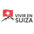 Logo de Vivir en Suiza con bandera suiza y montañas