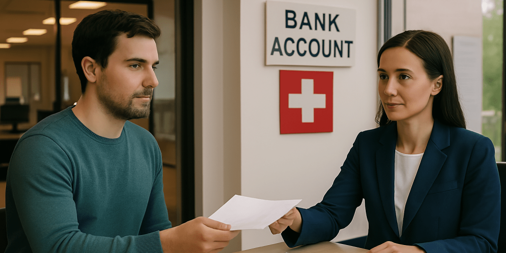 Extranjero entregando documentos en banco suizo para abrir cuenta en 2025