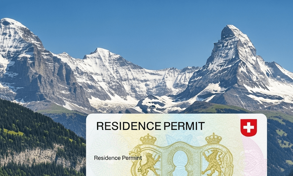 Permiso de residencia B en Suiza con paisaje de los Alpes