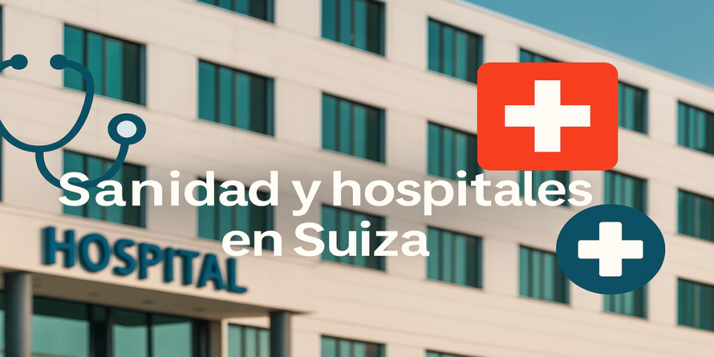Vista de un hospital moderno en Suiza con elementos médicos y cruz suiza representando el sistema sanitario suizo