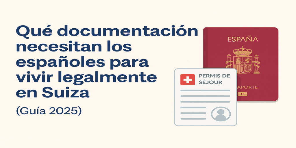 Pasaporte español y permiso de residencia suizo sobre fondo claro – guía para vivir legalmente en Suiza