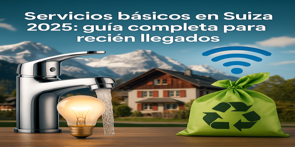 Ilustración de servicios básicos en Suiza, incluyendo agua, electricidad, calefacción, internet, basura y tasa Serafe, con iconos y colores claros para guía informativa 2025.