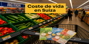 Supermercado suizo con productos y precios en francos suizos