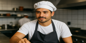 Hombre trabajando en cocina en Suiza, ejemplo de empleo para inmigrantes.