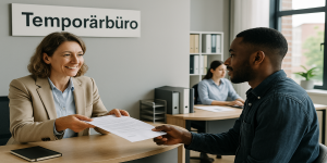 Candidato entregando documentos a consultora en una oficina de ETT en Suiza (Temporärbüro)