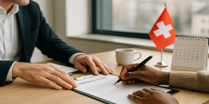 Dos profesionales revisan un contrato junto a un calendario: periodo de prueba y Kündigungsfrist en Suiza